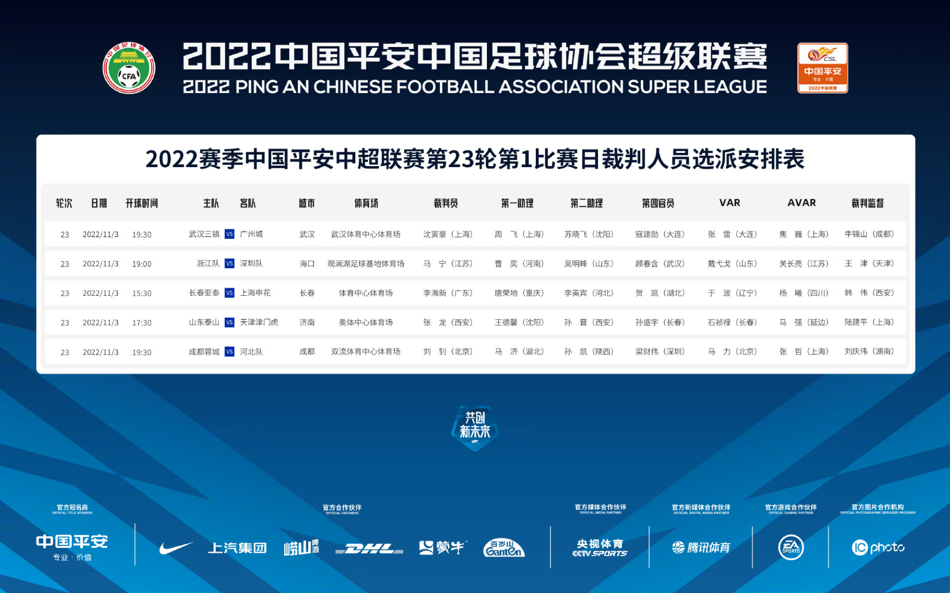 中超联赛第11轮裁判人员选派安排表发布