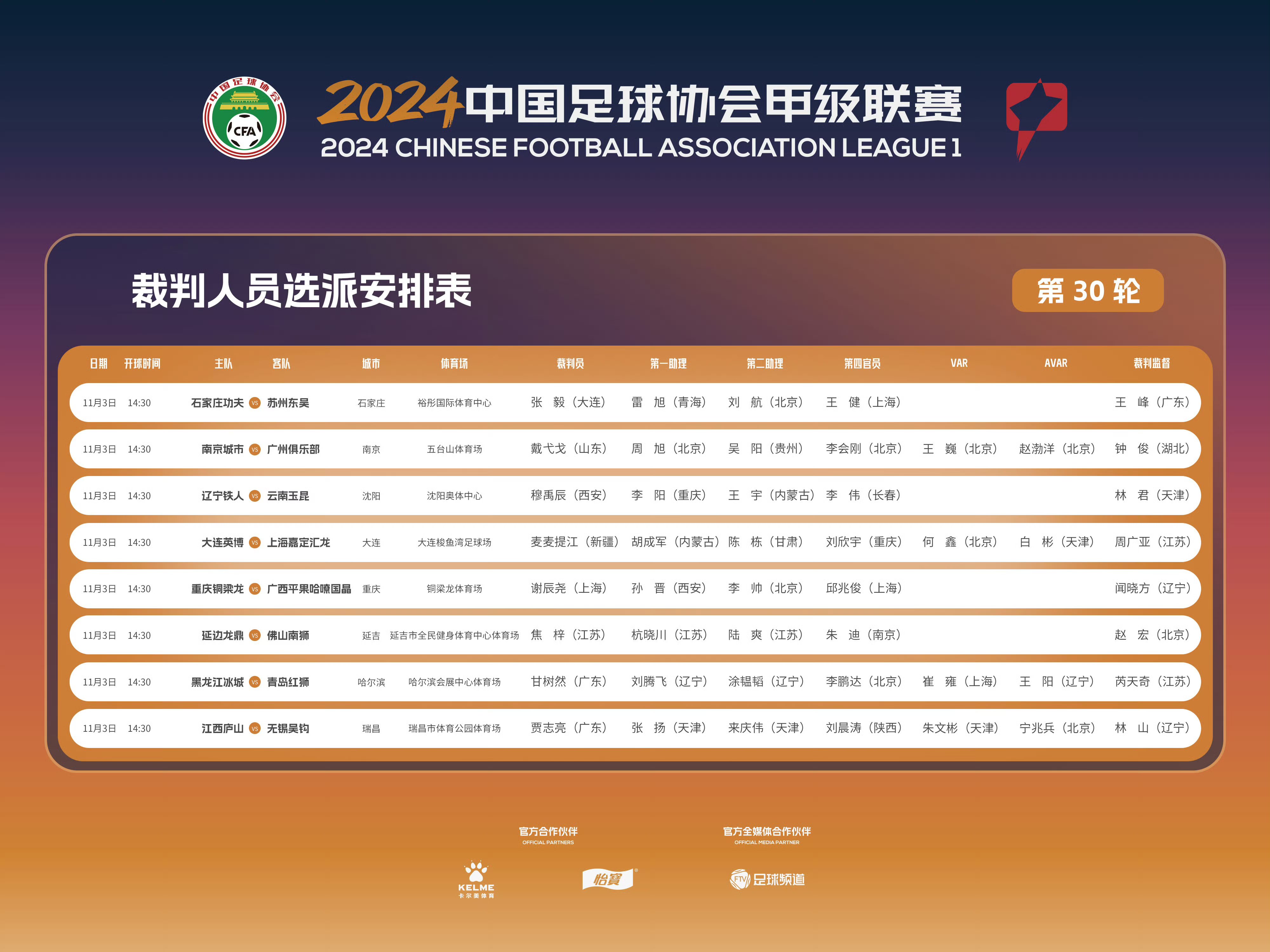 中超联赛第11轮裁判人员选派安排表发布